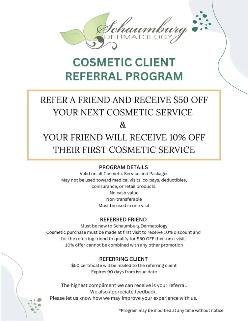 Promotional flyer graphic for the cosmetic referral program